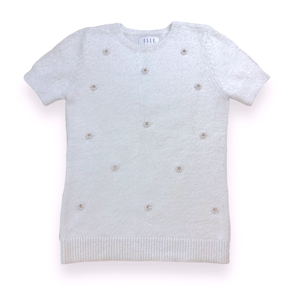Elle fuzzy embellished white short sleeve sweater